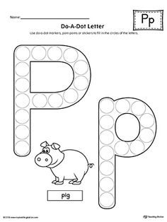 the letter p is for pig with dots on it and an animal standing in front of it