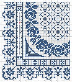 a cross stitch pattern with blue and white designs on the bottom, in different sizes