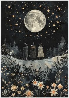 two people standing on top of a hill under a full moon with trees and flowers