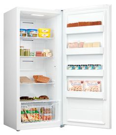 an open refrigerator with the door wide open and shelves full of food, including bread