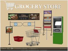 the grocery store has an atm machine, shopping cart, and other items for sale