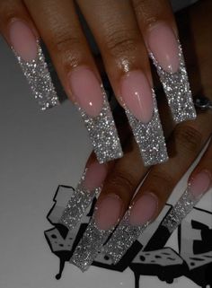 Silver Glitter French Tip Nails Long, Nails Acrylic Coffin Prom, Prom Nails Long Acrylic, Glitter French Tips Long, Prom Nails Acrylic Sparkle, Silver Nails Prom Acrylics, Silver Nails Inspo Prom, Sliver Prom Nails Acrylic, Long Glitter French Tip Nails