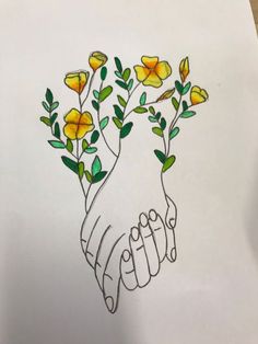 a drawing of two hands holding each other with yellow flowers in the middle and green leaves