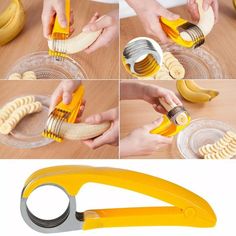 bananas are being peeled and cut into pieces with cutters to make them look like they have been sliced