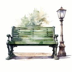 a green park bench next to a lamp post and street light on a white background