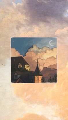 a painting of houses and clouds in the sky with a half moon visible above them