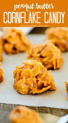 peanut butter cornflake candy on a baking sheet with text overlay that reads, peanut butter cornflake candy