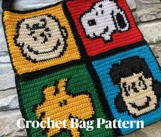 a crocheted tote bag with pictures of cartoon characters on it and the words, crochet bag pattern