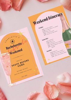 a pink and yellow wedding menu with flowers on the side, next to it is a bottle of champagne