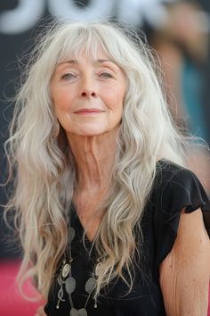 6. Long Shaggy Cut with Wispy Bangs - Long Hairstyles For Women Over 60 - Long Hairstyles For Women Over 60 Grey Inspiration, Shaggy Cut, Long Hair Older Women, Long Hairstyles For Women, Long Shaggy, Grey Hair Over 50, Older Women's Hairstyles, Asymmetrical Bangs, Hairstyle Long