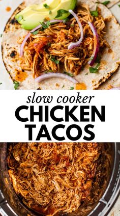 slow cooker chicken tacos with avocado and cilantro on the side