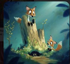 the fox and the hound are sitting on top of a tree stump in the forest