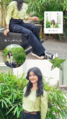 a woman sitting on top of a bench next to plants