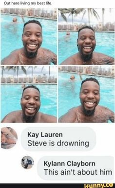 the guy is laughing and talking to his friend in the pool while he's swimming