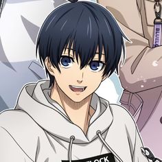 an anime character with blue eyes and black hair wearing a white hoodie, looking at the camera