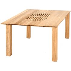 a wooden table with a grate on it's top and legs, against a white background