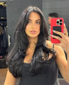 Black Gloss Hair Color, Long Black Hair With Layers Balayage, Layers And Angles Long Hair, Victoria Fuller Hair, V Shaped Haircut With Face Frame, Front Angles Medium Hair, Fivehead Hairstyles, Kayla Kosuga Hair, Medium Black Layered Hair