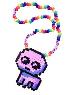 rainbow kandi necklace with letter beads spelling out "tbh" "yippie" "autism" and a tbh creature perler attached at the bottom Tbh Creature Perler Beads, Kandi Perler Necklace, Kandi Perler Beads, Kidcore Perler Beads, Kandi With Perler, Kandi Perler Pattern, Kandi Necklace Ideas, Scene Perler Beads, Perlers Ideas