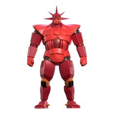 a red robot is standing in front of a white background