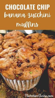 chocolate chip banana zucchini muffins on a counter with text overlay