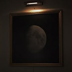 a painting hanging on the wall in a dark room with a light coming from above it