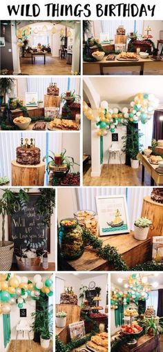 a collage of photos showing different types of food and desserts for a wild thing's birthday party