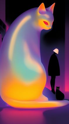 a person standing next to a cat in an art work with neon colors on it