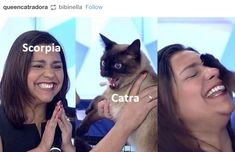 a woman holding a cat in her arms and laughing with the caption scorpia, catra