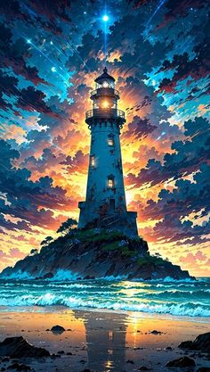 a painting of a lighthouse on the beach with clouds in the sky and stars above it