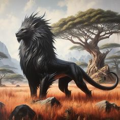 a painting of a black lion standing in the middle of a field with trees and rocks