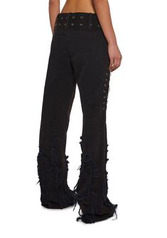 These pants have a twill construction, a washed finish, distressed pant legs with a raw hem, a lace up design on the sides with adjustable bungee closures, grommet details, front and back pockets, a hidden front button and zip closure, and a removable belt with an adjustable buckle closure. Black Grunge Bottoms With Belt Loops, Black Lace Up Pants, Gothic Cotton Pants With Belt Loops, Black Alternative Pants With Zipper Closure, Fitted Gothic Pants With Belt Loops, Distressed Pants, Dolls Kill, Fairy Dress, Online Boutique