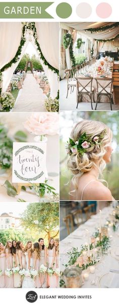 a collage of photos with flowers and greenery on the top, in shades of green