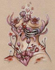 a drawing of a woman's torso with flowers on the side and behind her