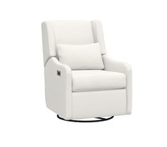 a white recliner chair with black legs and a pillow on the armrests