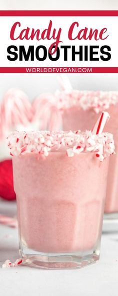 two glasses filled with candy cane smoothies