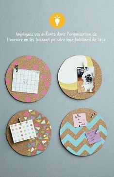 three cork coasters with pictures and magnets attached to them on a gray wall