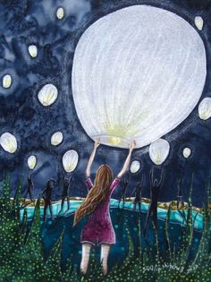 a painting of a girl holding up a large white ball in the air with her hands