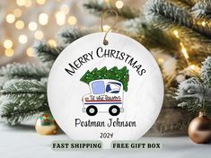 a personalized christmas ornament with a camper and tree