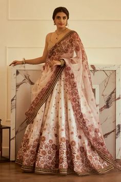 Shop for Cedar and Pine Ivory Dupion Floral Spray Print Lehenga Set for Women Online at Aza Fashions Engagement Outfits Indian, Gown For Engagement, Indian Engagement Outfit, Mukaish Embroidery, Flared Lehenga, Lehenga Anarkali, Mukaish Work, Print Lehenga, Engagement Lehenga