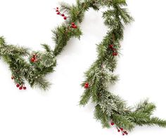 a christmas garland with red berries hanging from it's sides on a white background