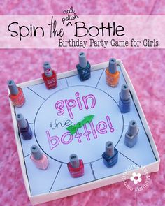 the spin the bottle game is on display in a cardboard box with nail polish bottles