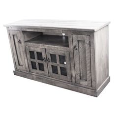 an entertainment center made out of wood with metal handles and doors on one side, two drawers on the other