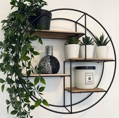 a circular metal shelf with potted plants and candles on it next to a white wall