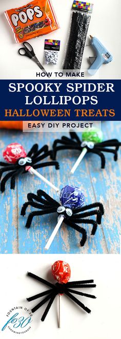 spider lollipops with candy on them and the title how to make spooky spider lollipops halloween treats