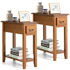 two small wooden tables with books on each side and pictures on the end table next to them