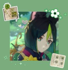 an anime character with green hair and blue eyes is looking at the camera while holding a book