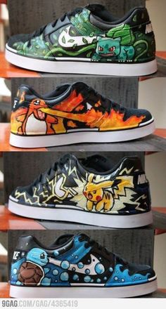 four pairs of shoes painted with cartoon characters on them, all in different colors and sizes