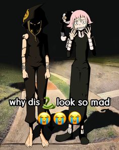 two anime characters standing next to each other on a sidewalk with the caption why dis look so mad