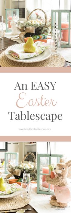 an easy easter tablecape with eggs, flowers and other things to make it look like they