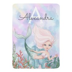 a mermaid with pink hair sitting on top of a blue and purple background, next to the